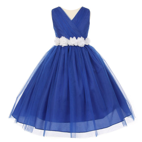 Big Girls Royal Blue White Chiffon Flowers Tulle Junior Bridesmaid Dress 8-14 - SophiasStyle.com